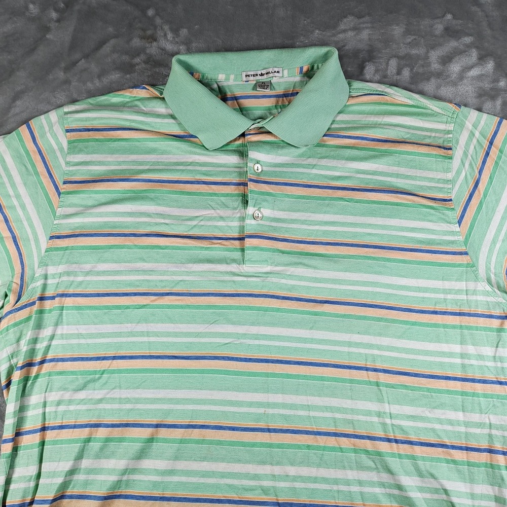 Peter Millar Polo Shirt Mens XL Green Blue Yellow Striped Golf Preppy Cotton‎